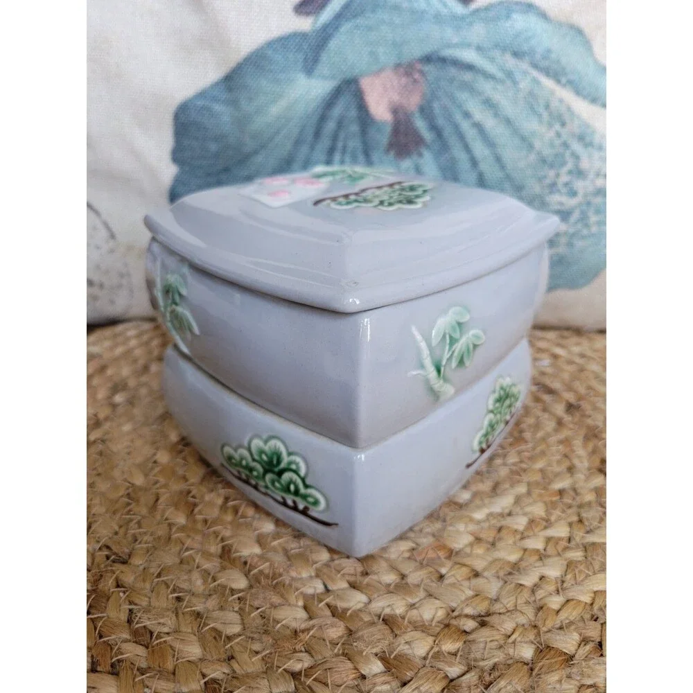 Asian Hand Painted Embossed Ceramic Stacking Boxes with Lid